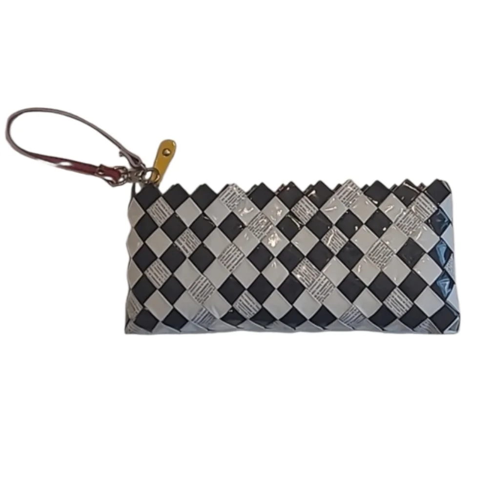 Nahui Olli Checkered Zip Top Wristlet Recycled Candy Wrapper Mini Bag